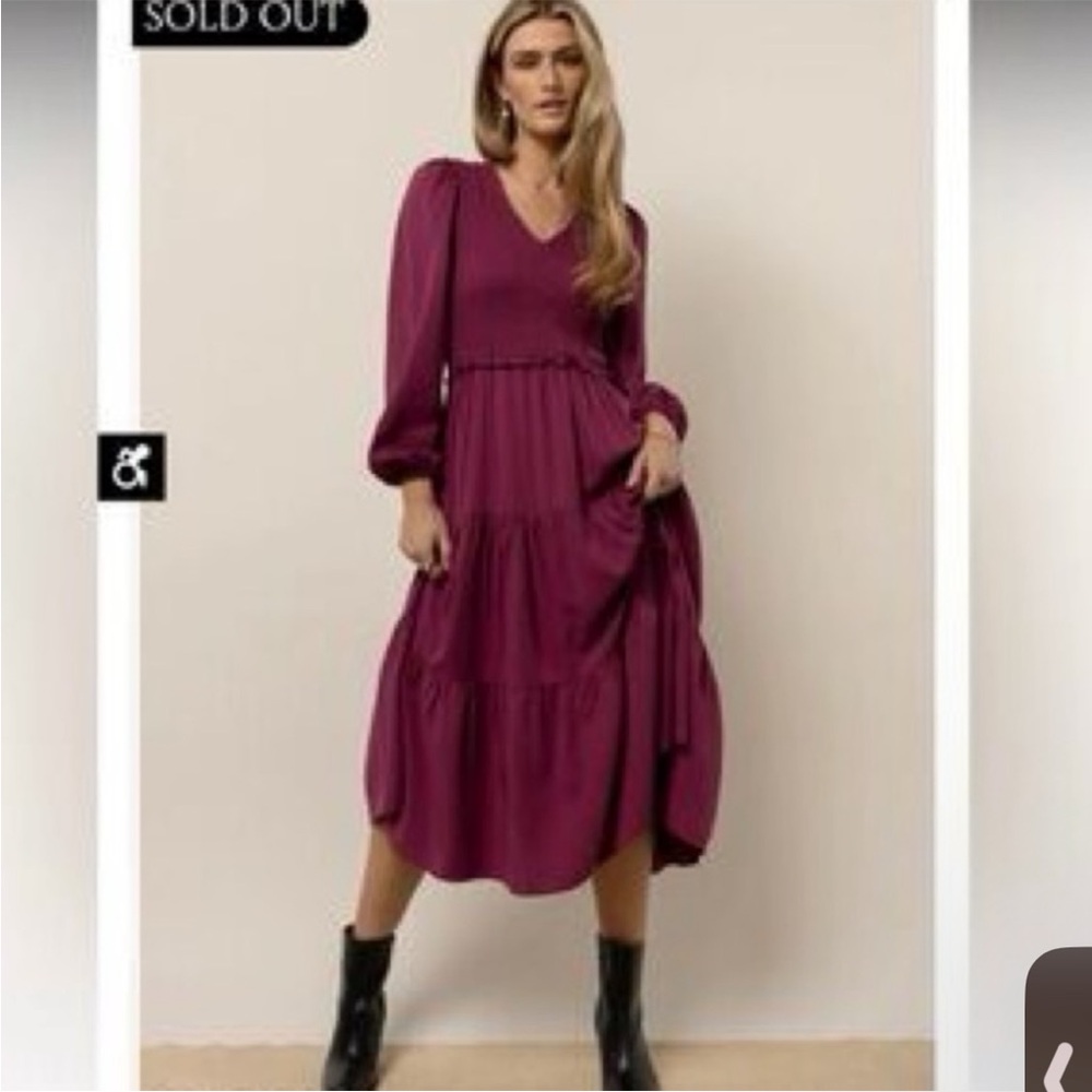 Böhme Burgundy Midi Dress Smocked Tiered Midi Dress in Purple Size Small